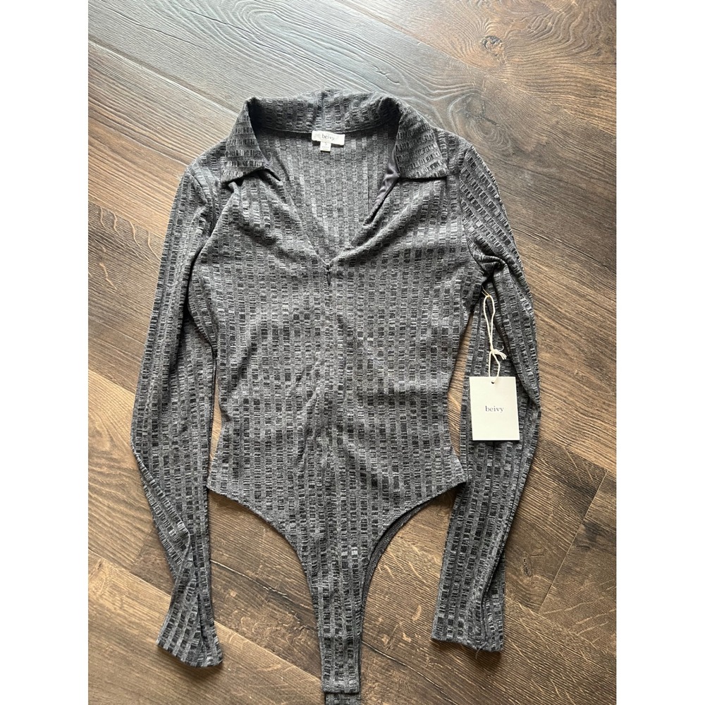 NWT! Beivy Ribbed Collared Long‎ Sleeve Bodysuit Dark Gray Womens Small